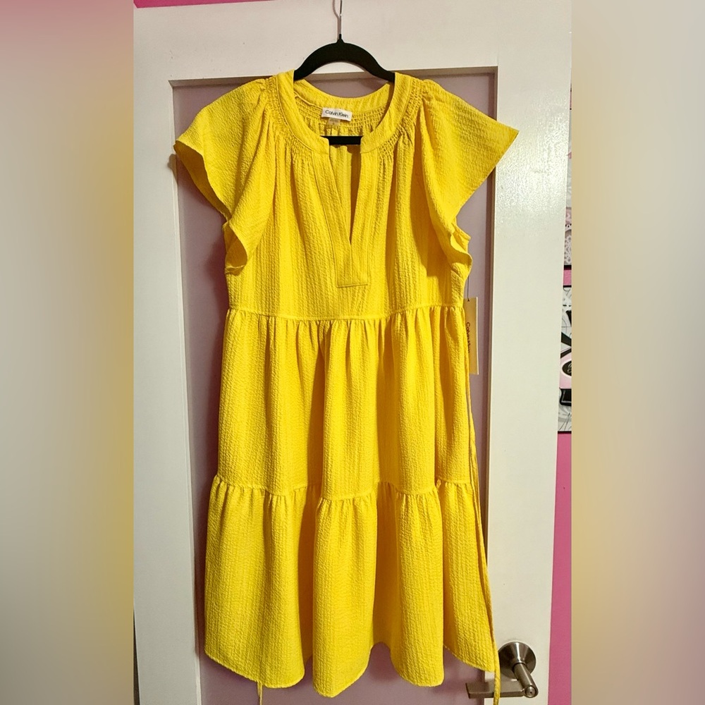 Calvin Klein Yellow Tiered Sundress with Flutter Sleeves
